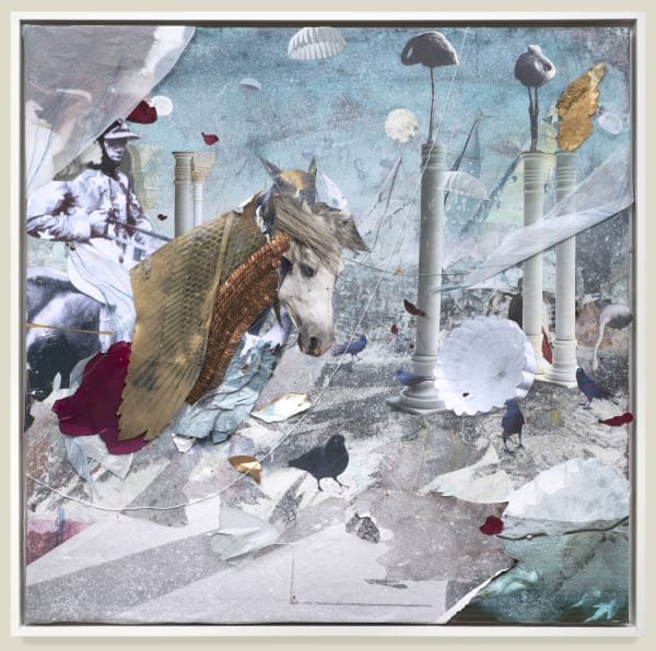 Shaunté Gates Horsemen Of The Derby no.2, 2026 Acrylic paint, photo, pulled paper, collage, pennies, thread, on wood panel 48 x 48 in (121.92 x 121.92 cm)