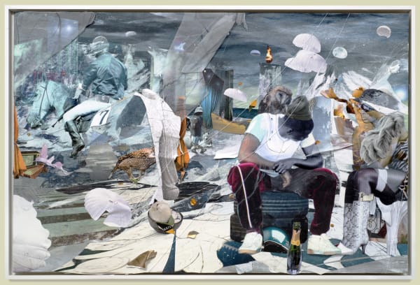 Shaunté Gates The Night Before, 2026 Acrylic paint, photo, pulled paper, collage, thread, on wood panel 48 x 72 in (121.92 x 182.88 cm)