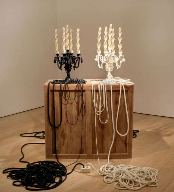 Jeanne Silverthorne - DNA Candelabra (showing the beginning genetic sequences for depression, anxiety, addiction, anger, and panic), 2007