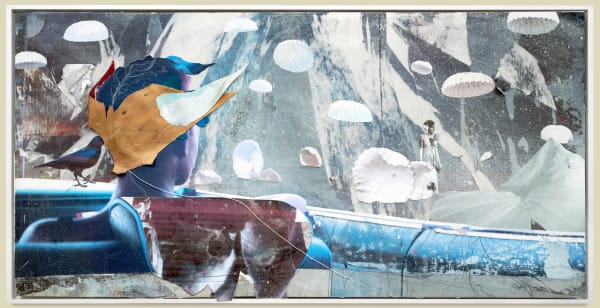 Shaunté Gates It’s The Ending Of a Play, And Soon Begins Another, 2026 Acrylic paint, photo, pulled paper, collage, thread, on wood panel 24 x 48 in (60.96 x 121.92 cm)