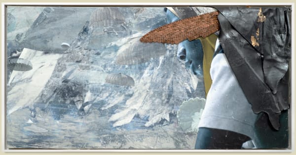 Shaunté Gates Memnon’s Dilemma, 2026 Acrylic paint, photo, pulled paper, collage, pennies, thread, on wood panel 24 x 48 in. (60.96 x 121.92 cm)