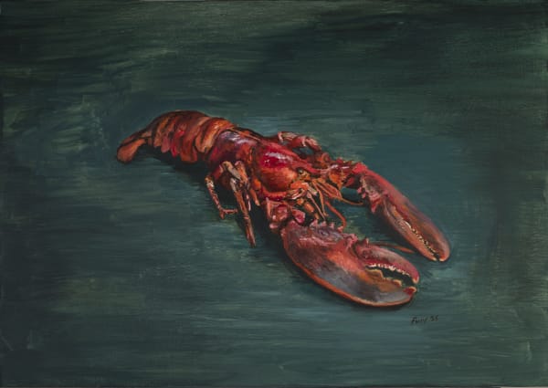 painting of red lobster on green background by Christian Furr