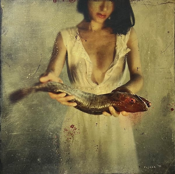 woman in dress holding a dead fish