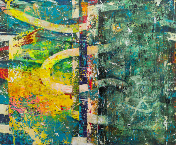 Abstract painting with green and yellow and curved shapes