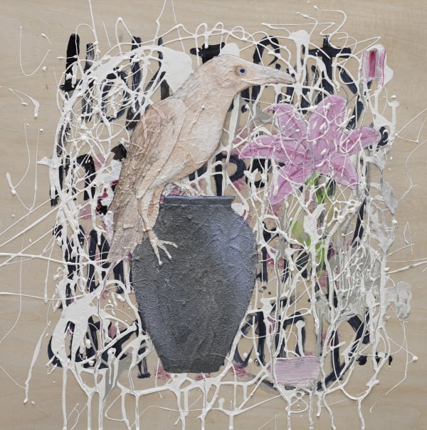 painting of white crow on vase