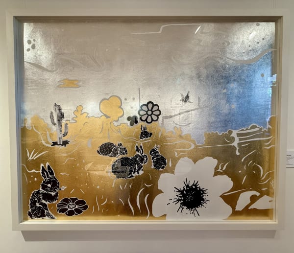 gold and silver painting with bunny rabbits and other symbols of nature and cactus by Dan Baldwin