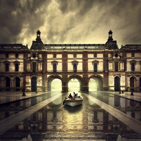 After the rain - rowing boat with people in it going towards an archway of a neo-classical building with rays of light shining and stormy skies.
