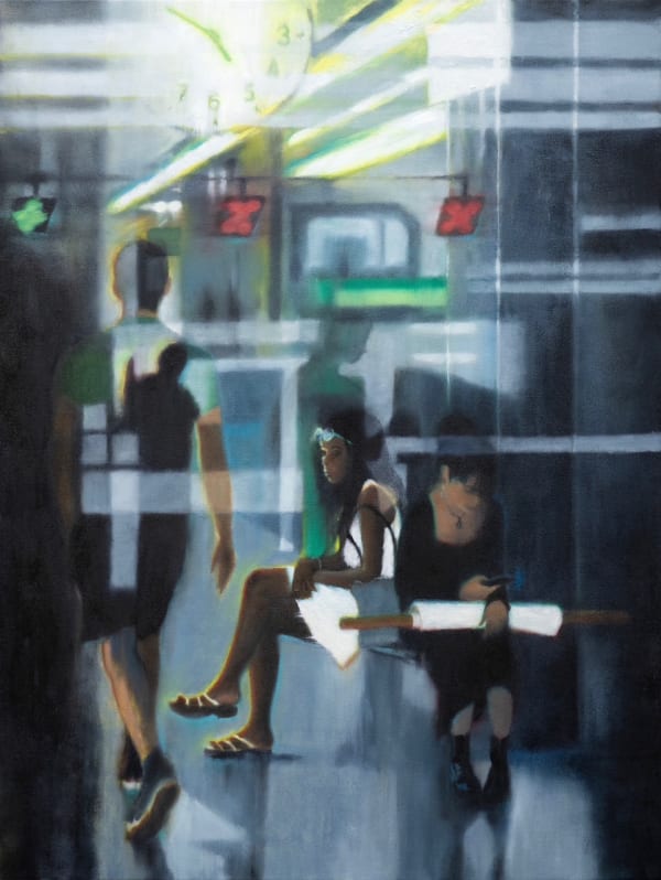 painting of people passing through a city space