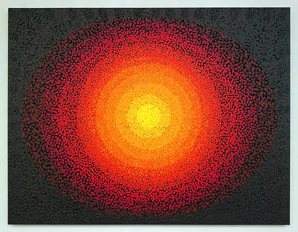 image of radiating sun with colour layered in dots from black background to red, orange and yellow in the middle