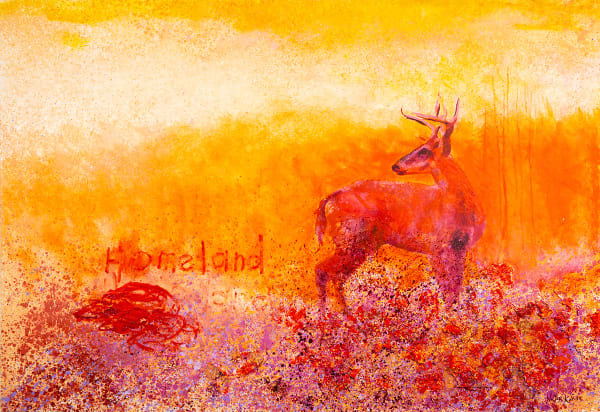 Stag standing in red and orange landscape by Walter Knabe