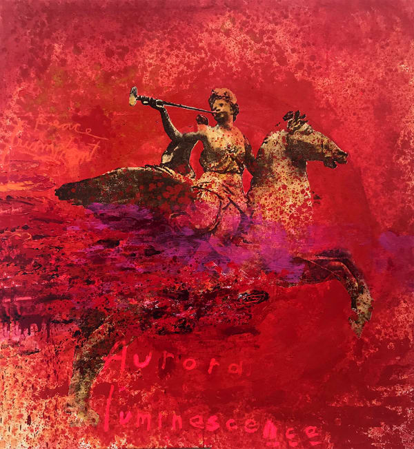 Painting by Walter Knabe female mythical figure riding a winged horse with a blow horn.