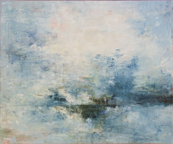Abstract painting of the sea with horizon line with shades of blue, grey and white by Peter Burega