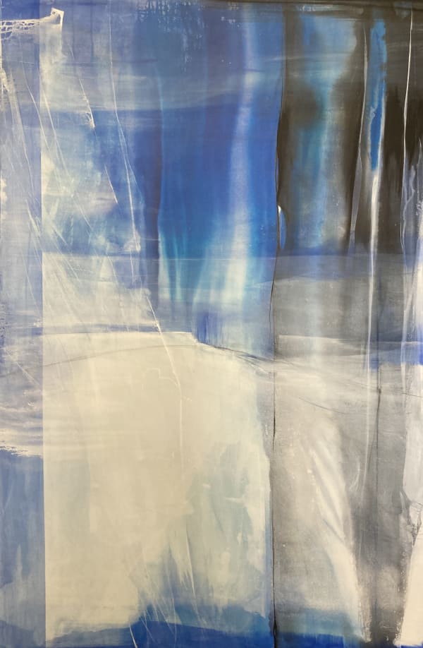 Abstract painting with sweeping shades of blue and white
