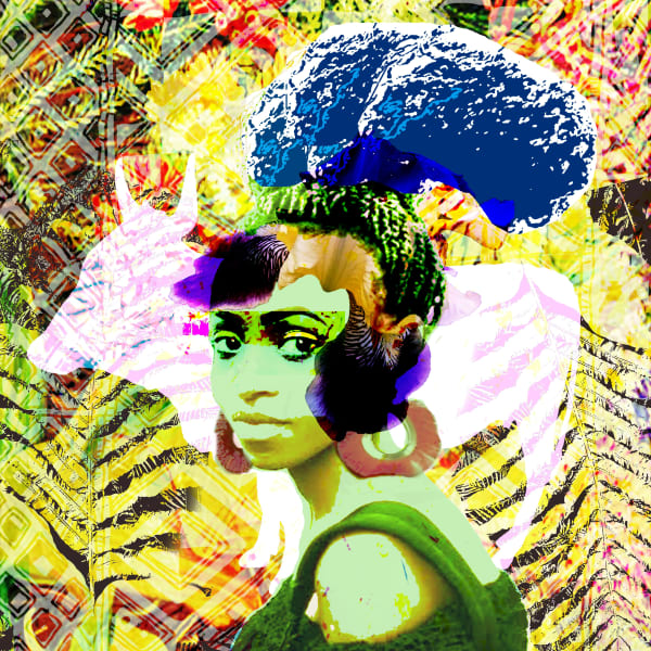 image of girl in African Head Dress with vibrant colour and silhouette of bull behind.