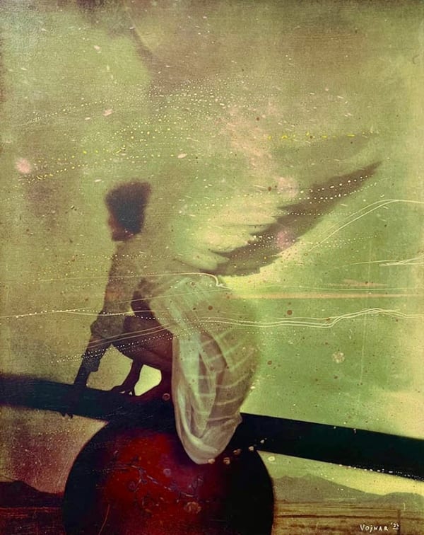 female figure crouching with angel winds ready for flight
