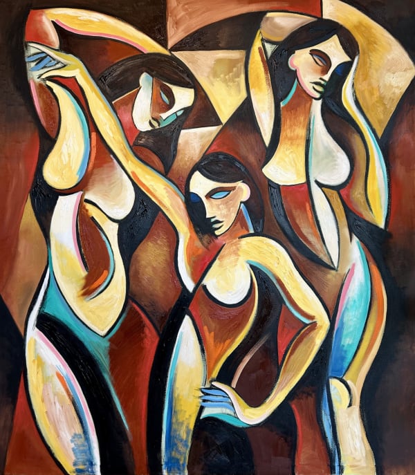 Painting of three female figures in cubist inspired style by Max Hembrow