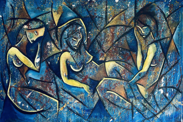 three female sirens seated together with blue and gold detail by Max Hembrow