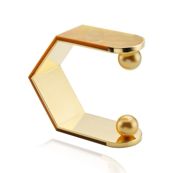 Melanie Georgacopoulos, Double Pearl Nacre Bangle bracelet, 18k yellow gold, golden mother of pearl, 12mm golden south sea pearl, 2.5 x 2.1 x .95 " (Inv# 8417)