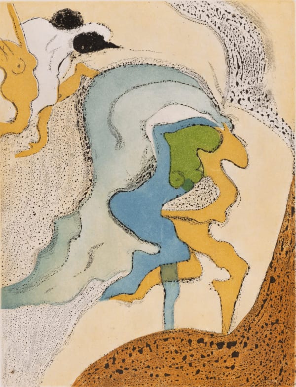 Dorothea Tanning, Midi et demi (Half-Past Noon), 1973. Aquatint and sugar-lift aquatint on japon paper, 11 x 8 1/2 inches / 27.94 x 21.59 cm. Edition of 100