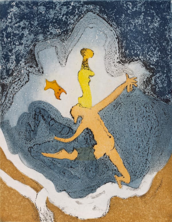 Dorothea Tanning, À la nage (Swimming), 1973. Aquatint and sugar-lift aquatint on japon paper, 11 x 8.5 inches / 27.94 x 21.59 cm. Edition of 100