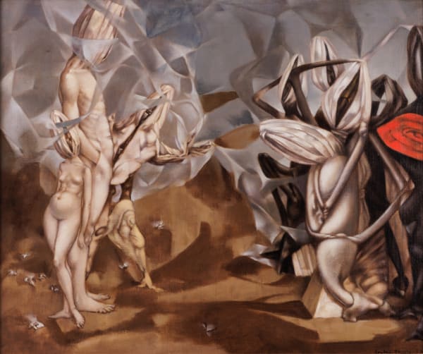 Dorothea Tanning, Rencontre, 1952. Oil on canvas, 20 x 24 inches / 50.8 x 60.96 cm