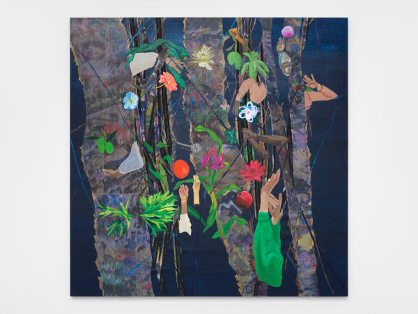 Ranu Mukherjee, restless moon, 2023, pigment, ink, crystalina, and UV inkjet print on silk and cotton sari fabric on linen, 60 x 84 inches (152.4 x 213.4 cm)