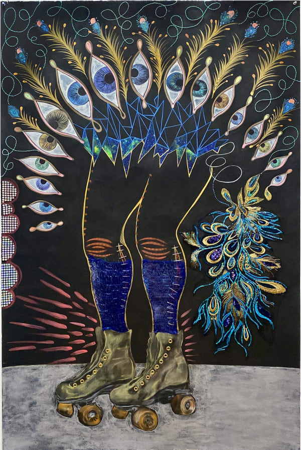 Chitra Ganesh, Roller Disco, 2024, acrylic, ink, gouache, chalk, textile, sand, brass hardware, and embroidery on paper mounted on linen, 60 x 40 inches (152.4 x 101.6 cm). Credit of the artist and Gallery Wendi Norris, San Francisco.
