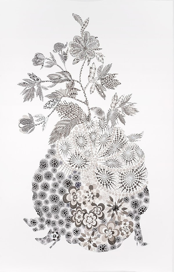 Firelei Báez, Happens elsewhere, without us, and all the same fully resounds here within us, 2015, Gouache and ink on paper, 87 x 55 inches (221 x 139.7 cm)