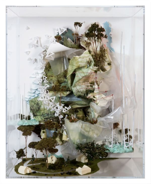 Gregory Euclide, As if muting the land was part of knowing, 2012, acrylic, eurocast, foam, goldenrod, hosta, moss, paper, pencil, plastic, sedum, wood, zip tie, 26 x 19 x 9 inches (66 x 48.25 x 23 cm)