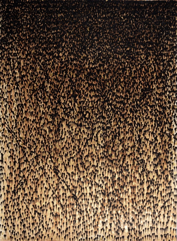 Ambreen Butt, Namaloom (Unknown #4), 2020, text and 24 karat gold on tea-stained paper, 30 x 20 inches (76.2 x 50.8 cm)