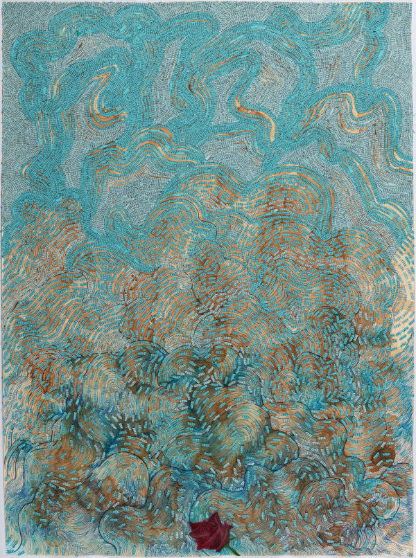 Ambreen Butt, Mohammad Yaas Khan (16), 2020, text, watercolor with white gouache, and pen on tea-stained paper, 30 x 20 inches (76.2 x 50.8 cm)