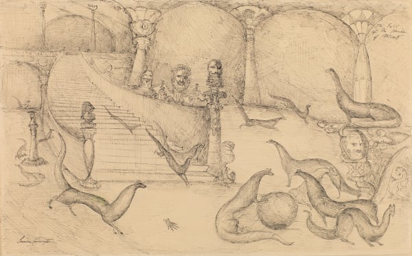 Leonora Carrington, The Fall of the House of Mink, 1956. Ink on paper, 31 × 51 cm. Courtesy: Gallery Wendi Norris, San Francisco