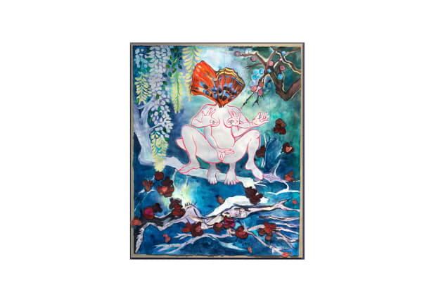 Chitra Ganesh, Butterfly, 2019, water-based paints, fabric, hardener, archival PVA glue, mixed media on paper on linen, 52 x 41 inches (132.1 x 104.1 cm).