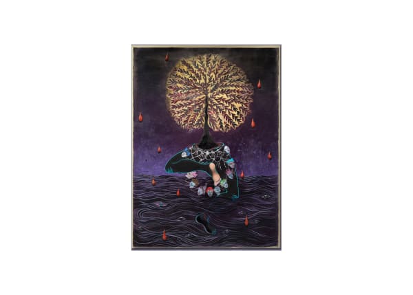 Chitra Ganesh, Tree of Life, 2019, acrylic, ink, embroidery, textiles, fur, large glass marbles on paper on linen, 71 x 52 inches (180.3 x 132.1)