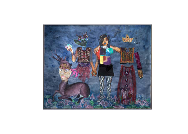 Chitra Ganesh, After the Storm, 2019, water-based paints, fabric hardener, archival PVA glue, and mixed media on paper on linen, 84 x 108 inches (213.4 x 274.3)