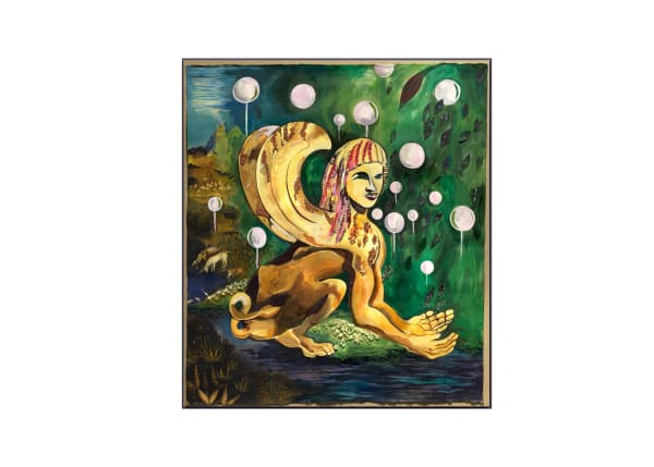 Chitra Ganesh, Sphinx, 2019, acrylic, ink, kodak repositionable fabric paper, glass shards, beads, holographic sticker, and textiles on paper on linen 52 x 46 inches (132.1 x 116.8 cm)