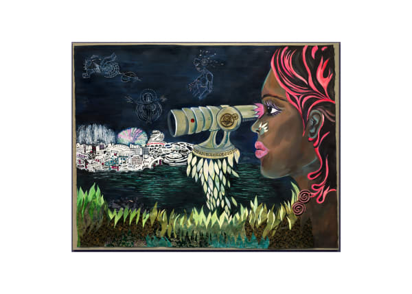 Chitra Ganesh, Telescope, 2019, acrylic, ink, mirror pieces, textiles, embroidery, brass gear parts, and plastic toy snakes on paper on linen, 40 1/2 x 52 inches (102.9 x 132.1 cm)