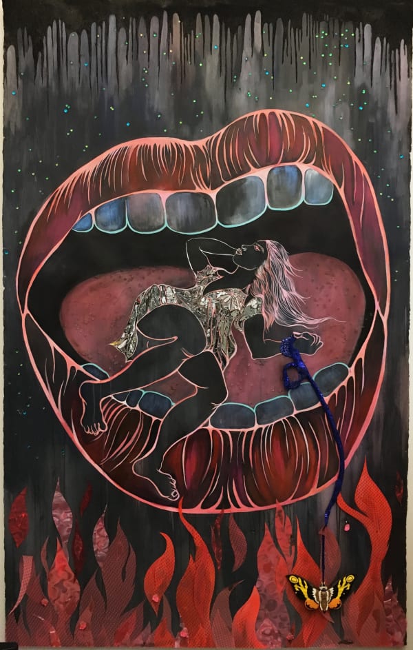 Chitra Ganesh, Ladymouth, 2013/2016, Mixed media on paper including acrylic, mesh, paper butterfly, glass, plastic gems, glitter, and collage, 83 x 51 inches (201.8 x 129.5 cm)