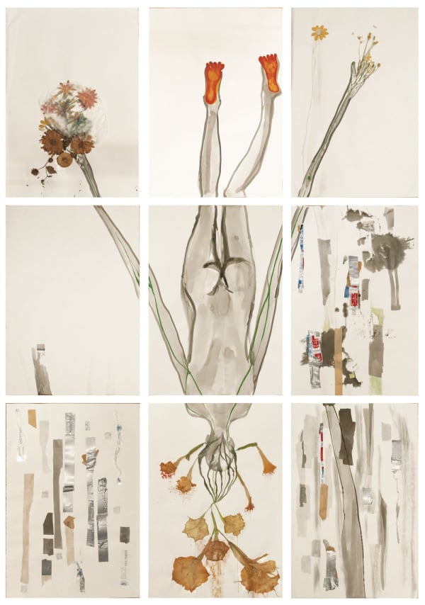 María Magdalena Campos-Pons, Angel's Trumpets, Devil's Bells, 2019, Composition of 9, mixed media on Arches archival paper, 40 x 26 inches each (101.6 x 66 cm)