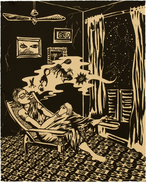 Chitra Ganesh, The Condition of Womanhood, 2018, Linocut BFK Rives Tan, 280gsm, Edition of 35, 20 1/ 8 x 16 1/8 inches (51.1 x 41 cm)