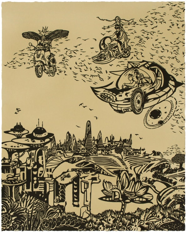 Chitra Ganesh, Over the City, 2018, Linocut BFK Rives Tan, 280gsm, Edition of 35, 20 1/ 8 x 16 1/8 inches (51.1 x 41 cm)