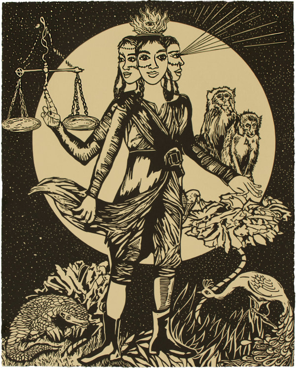 Chitra Ganesh, Justice is Virtue, 2018, Linocut BFK Rives Tan, 280gsm, Edition of 35, 20 1/ 8 x 16 1/8 inches (51.1 x 41 cm)