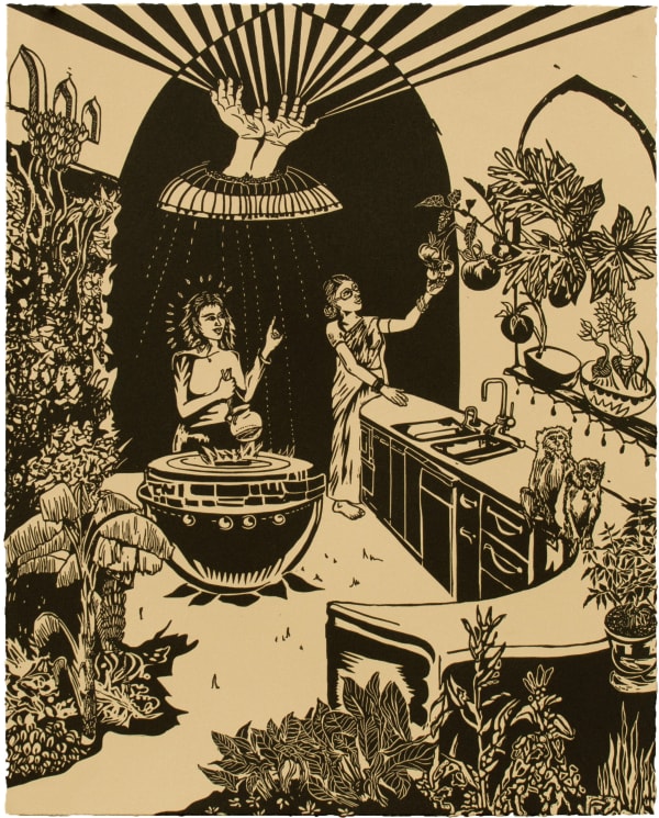 Chitra Ganesh, Baby Queen, 2018, Linocut BFK Rives Tan, 280gsm, Edition of 35, 20 1/ 8 x 16 1/8 inches (51.1 x 41 cm)