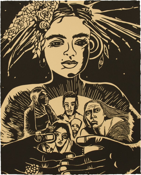 Chitra Ganesh, Refugees and Queen, 2018, Linocut BFK Rives Tan, 280gsm, Edition of 35, 20 1/ 8 x 16 1/8 inches (51.1 x 41 cm)