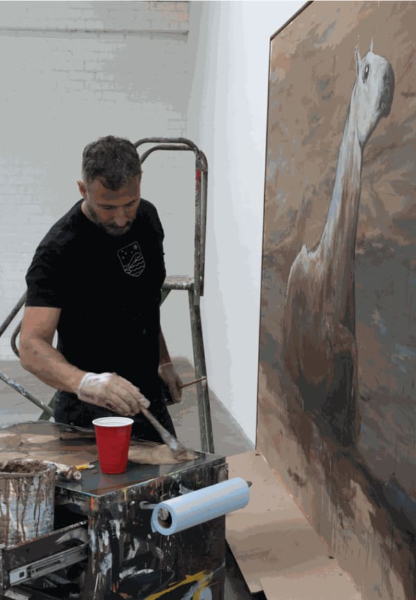 Martínez Celaya working in his Los Angeles studio, 2023.