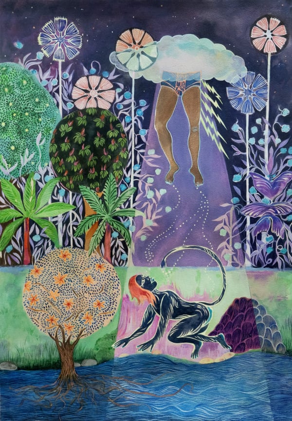 Chitra Ganesh, Alien Abduction, 2024. Watercolor and acrylic on paper mounted on linen 29 3/4 x 20 3/4 inches. Courtesy the artist and Gallery Wendi Norris.