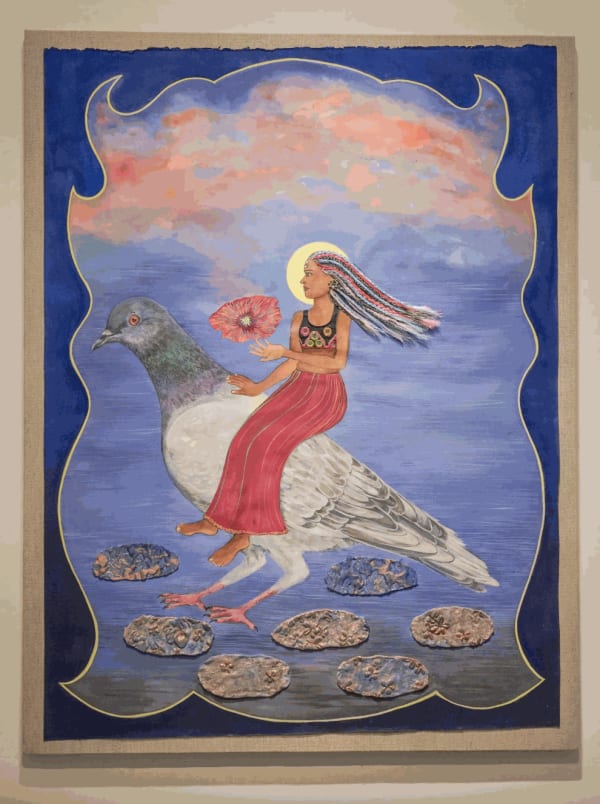Chitra Ganesh, “Pigeon Escape” (2024), acrylic, textile, synthetic hair, and vintage jewelry on paper mounted on linen, 40 x 30 inches (101.6 x 76.2 cm). Photo: Julie Schneider/Hyperallergic.