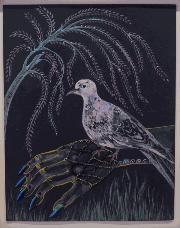 Chitra Ganesh, “Mourning Dove” (2024), acrylic, beetle wings, and metal chain on paper, 14 x 11 inches (35.56 x 27.94 cm). Photo: Julie Schneider/Hyperallergic.