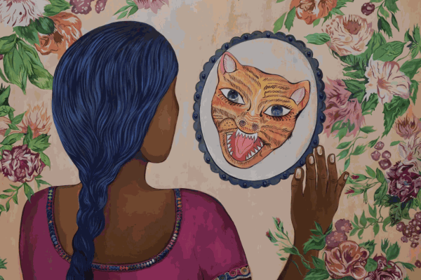 Detail of Chitra Ganesh, “Tiger in the Looking Glass” (2024), acrylic, glass and textile on panel, 40 x 30 inches (101.6 x 76.2 cm). Photo: Julie Schneider/Hyperallergic.