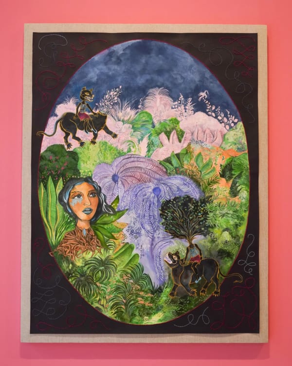Chitra Ganesh, “In Media Res” (2024), acrylic, watercolor, embroidery on paper mounted on linen, 40 x 30 inches (101.6 x 76.2 cm). Photo: Julie Schneider/Hyperallergic.